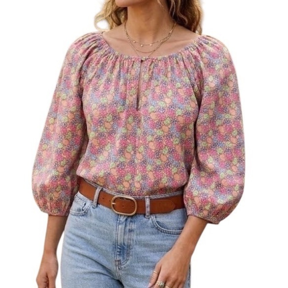 Sissy-Boy Cotton Womens Paisley Puff Sleeve Boho Peasant Blouse Multicolor Large